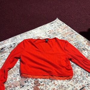 SHEIN Red Long Sleeve Wrap Crop Blouse